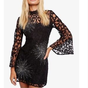 NWOT Free people North Star sequin black lace bell sleeve mini dress 0 formal